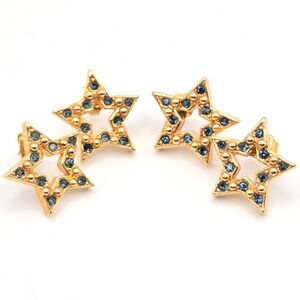 Avon Gold Tone Blue Rhinestone Star Stud Earrings 2 Pair Vintage Jewelry